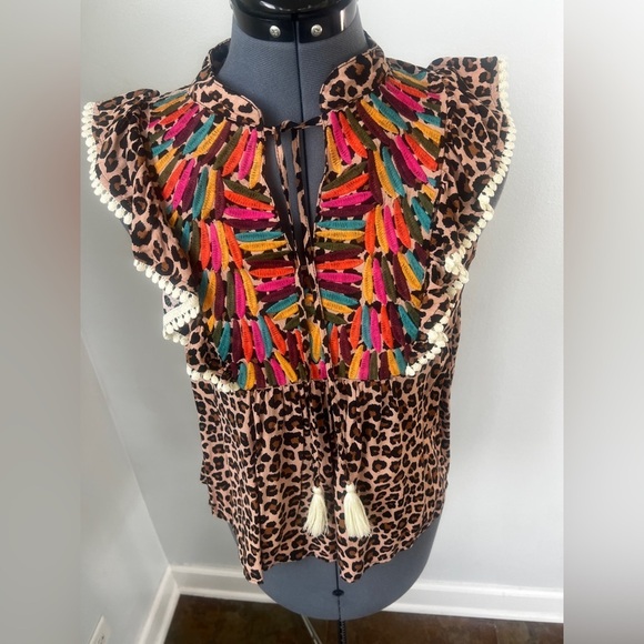 THML Boho Leopard Print Embroidered Tassel Top Sz S Ruffle Sleeve Festival Chic - Picture 3 of 16